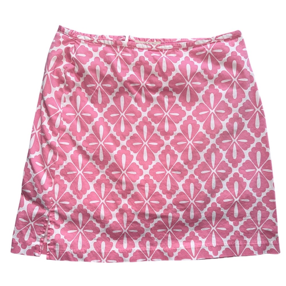 HBA Pink White Geometric Floral Mini Skort‎ Side Slit Size 8 Cotton Blend